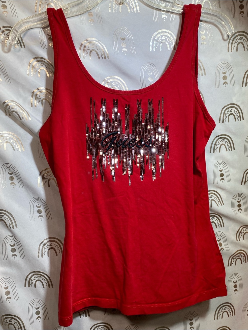 Guess Red Sequin Logo Tank Top